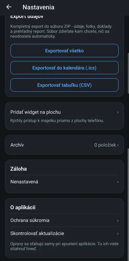 Nastavenia s blokom Export: ZIP, kalendár, tabuľka