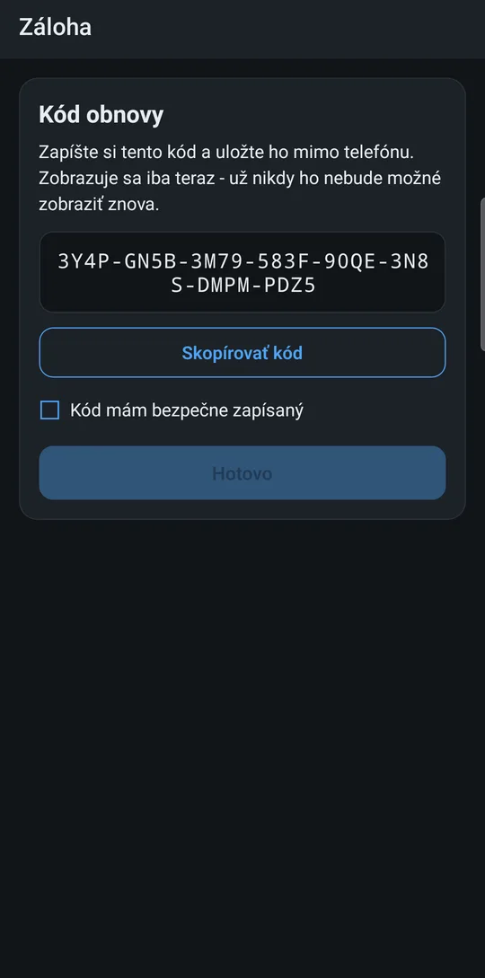 Obrazovka s jednorazovým kódom obnovy