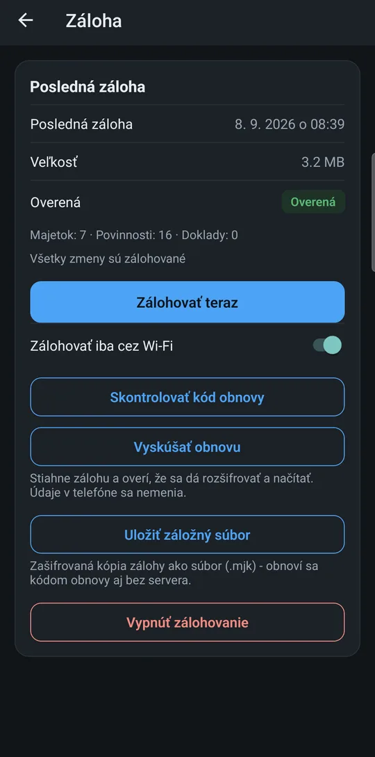 Stav zálohy: overená, posledná záloha, veľkosť