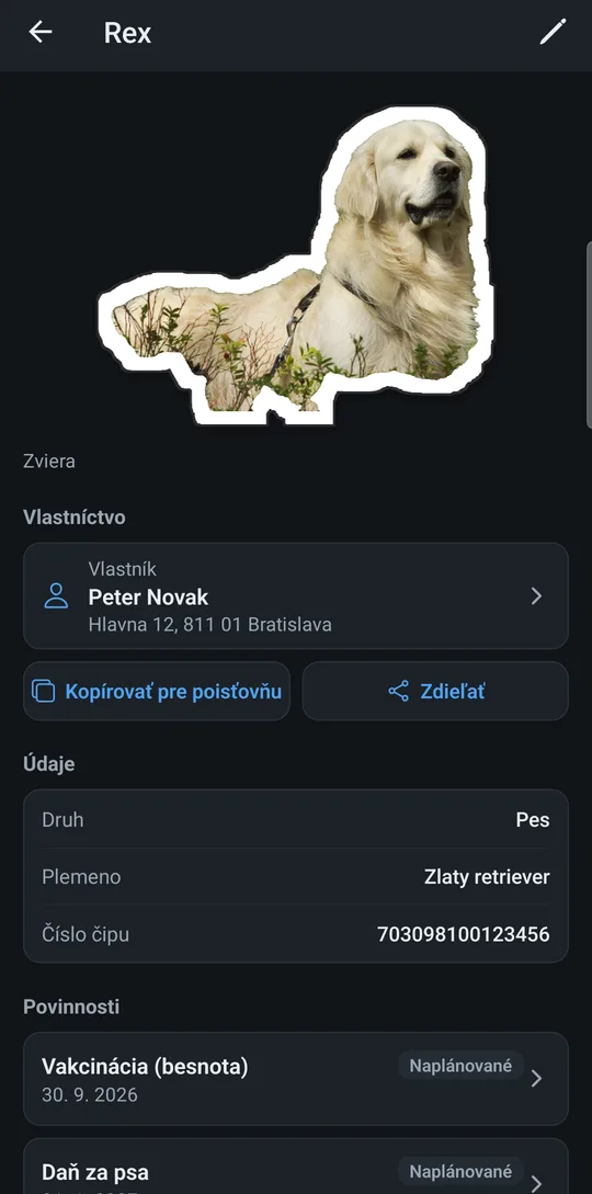 Detail psa Rex s očkovaniami a daňou za psa
