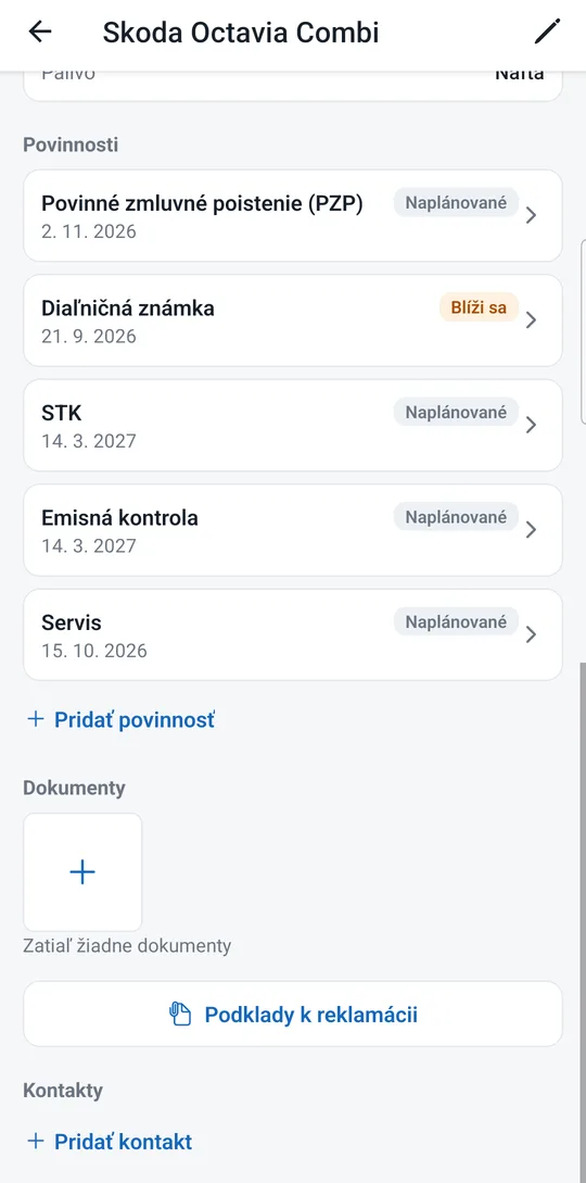 Detail auta so zoznamom povinností
