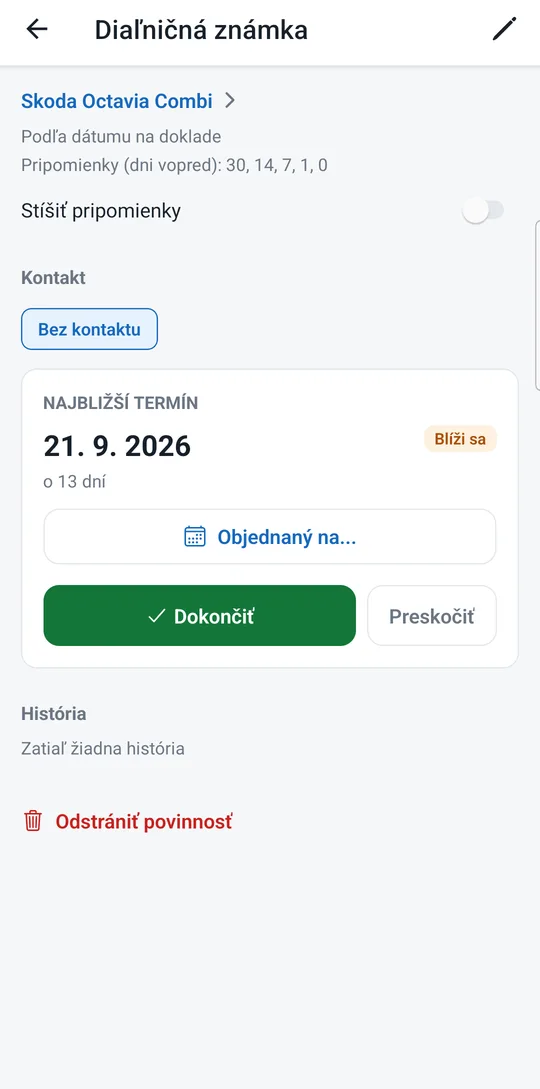 Detail povinnosti Diaľničná známka s rebríčkom pripomienok 30, 14, 7, 1 a 0 dní