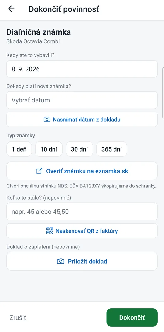 Obrazovka Dokončiť povinnosť s poľom pre dátum, typom známky a tlačidlom Naskenovať QR z faktúry