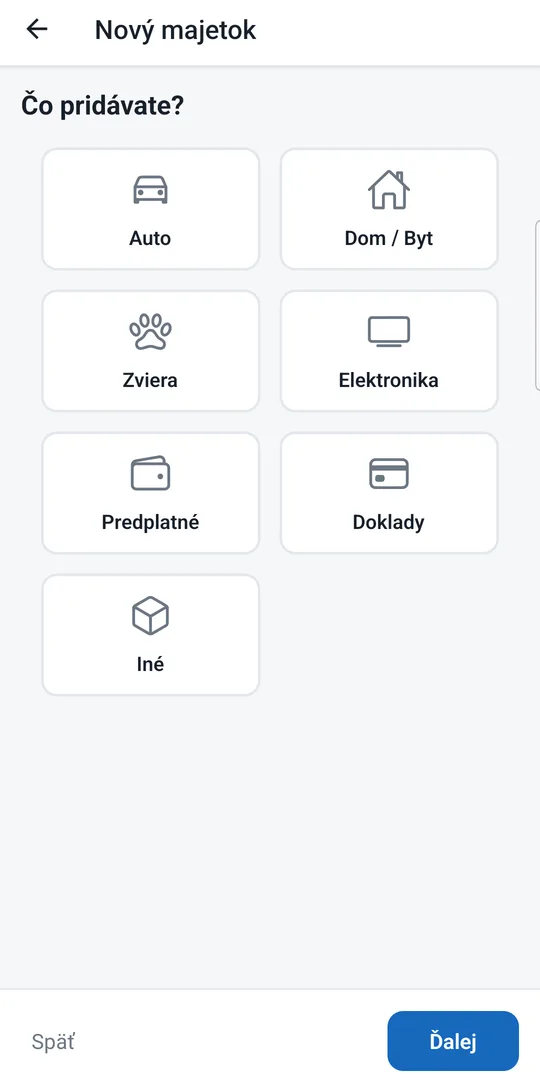 Krok sprievodcu: Čo pridávate? Výber typu majetku