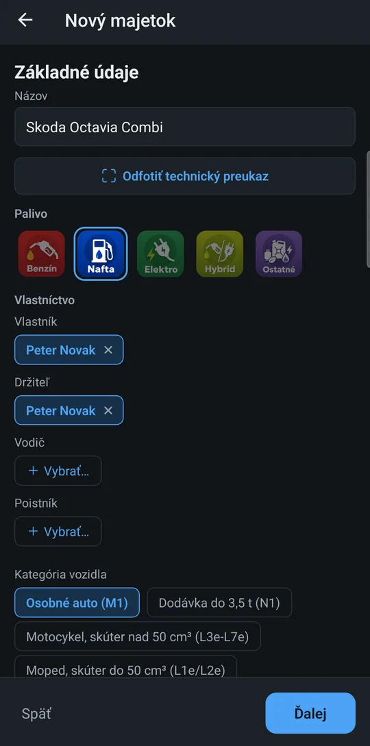 Krok sprievodcu: údaje o aute s tlačidlom Odfotiť technický preukaz
